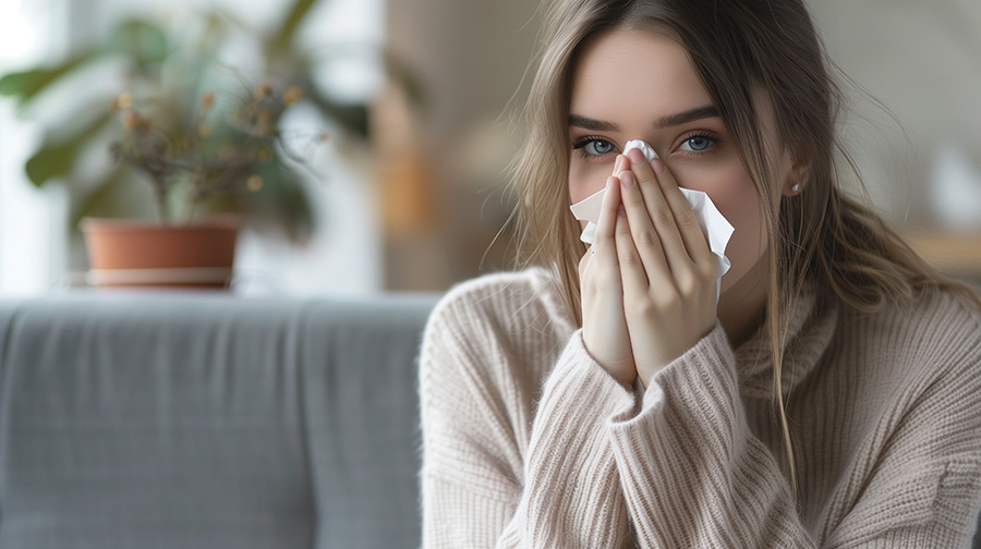Giovane donna si sta soffiando il naso